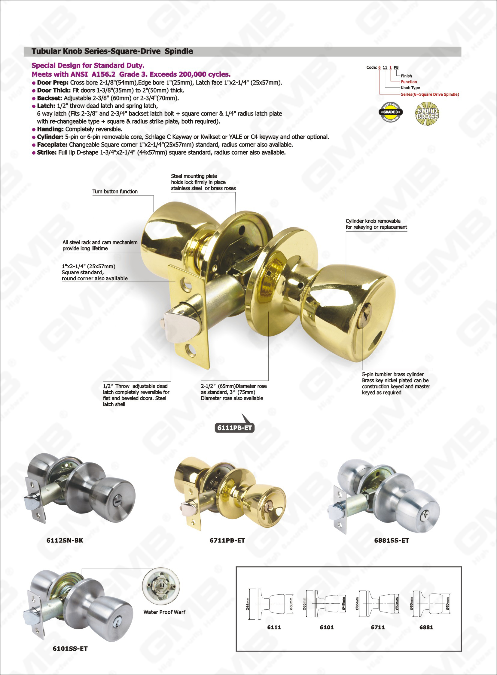 High Security Ansi Standard Tubular Knob Lock Square Key Tubular Knob