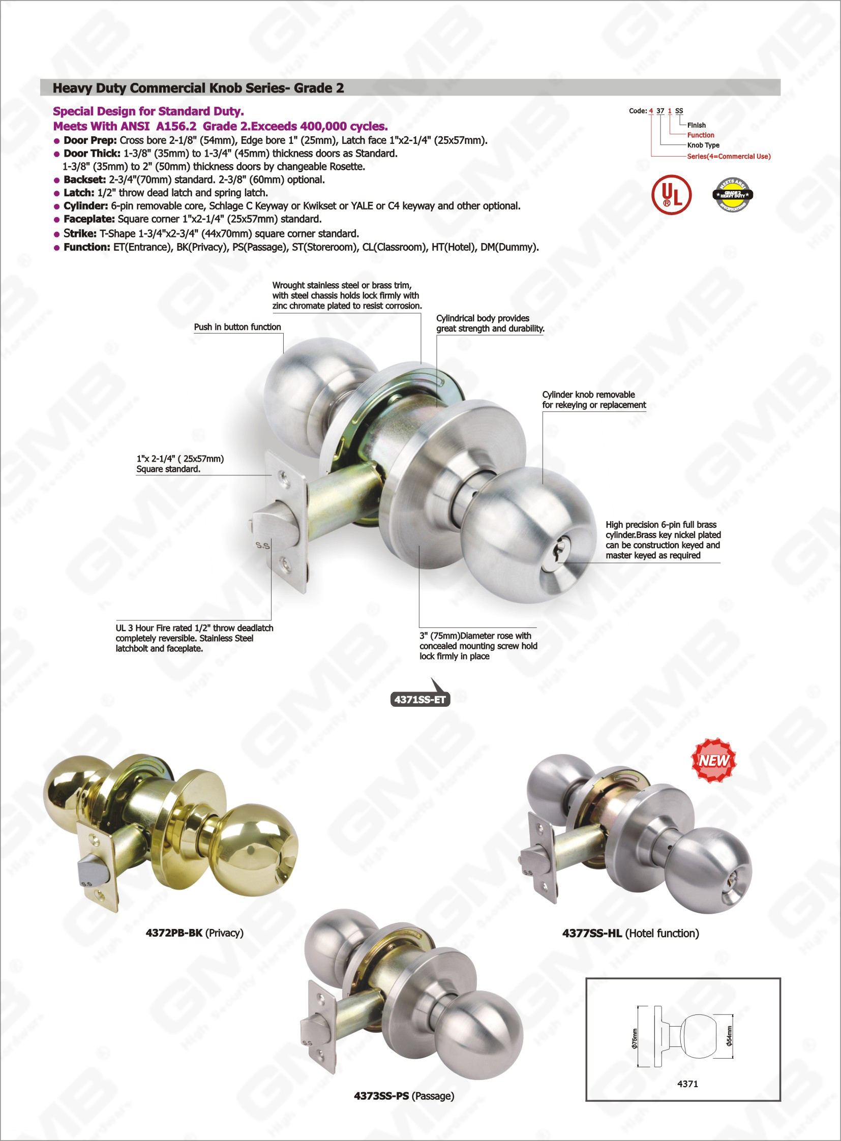 ANSI Grade 2 Heavy Duty Commercial Privacy Knob Lock Series (4372PBBK) from China manufacturer